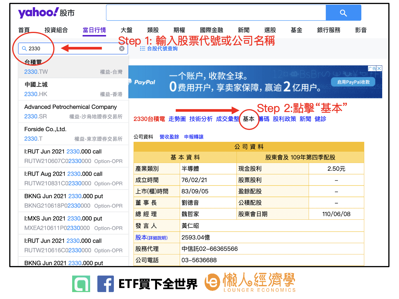 可以到Yahoo 股市，輸入你想搜尋的股票代號，以台積電2330為例