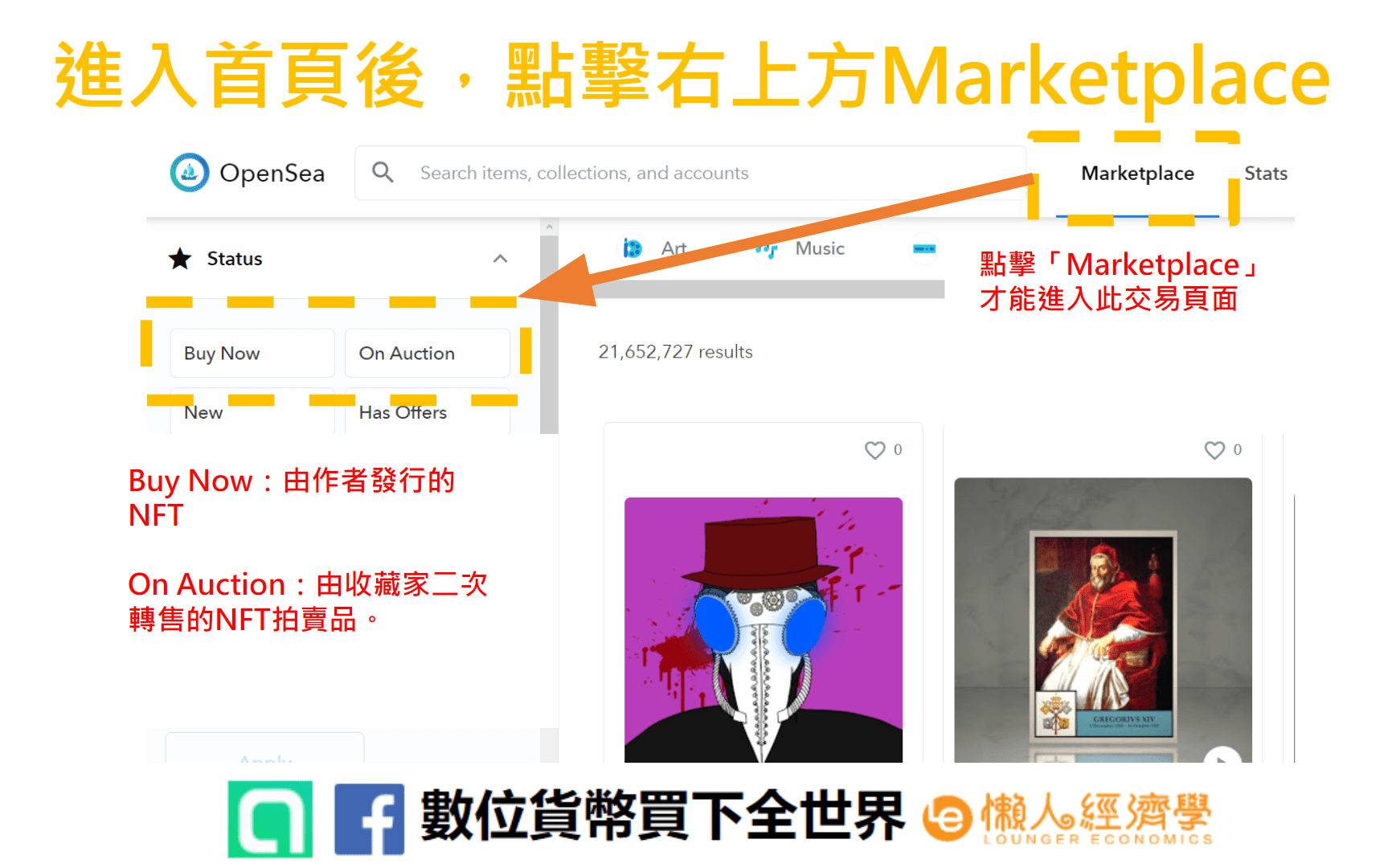 NFT購買教學，以Opensea為範例，進入首頁後，點擊右上方Marketplace，即可選購NFT