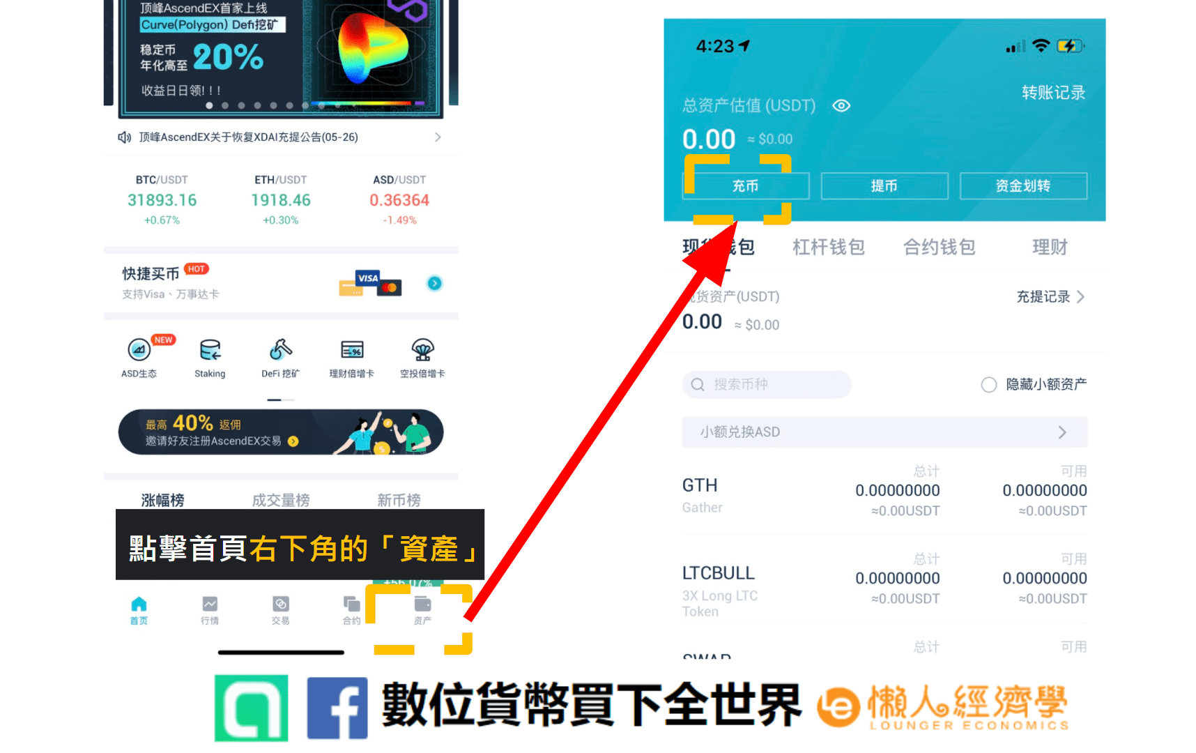 AscendEX錢包入金教學：點擊AscendEX app首頁右下方的「資產」，進入充幣頁面