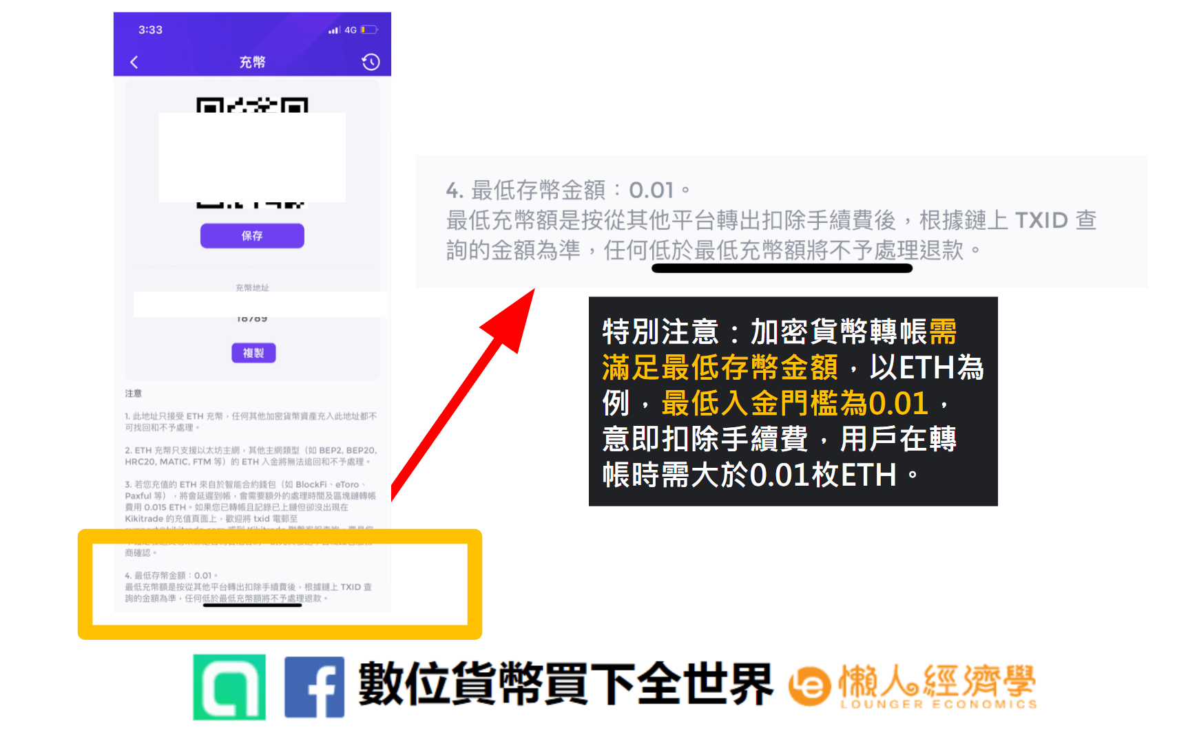 KIKITRADE 筆者實測入金失敗原因分享：最低存幣金額會顯示在頁面下方提醒